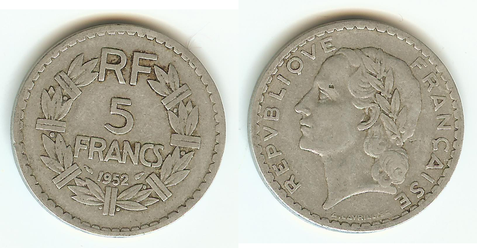 5 francs Lavrillier, aluminium 1952 TB
